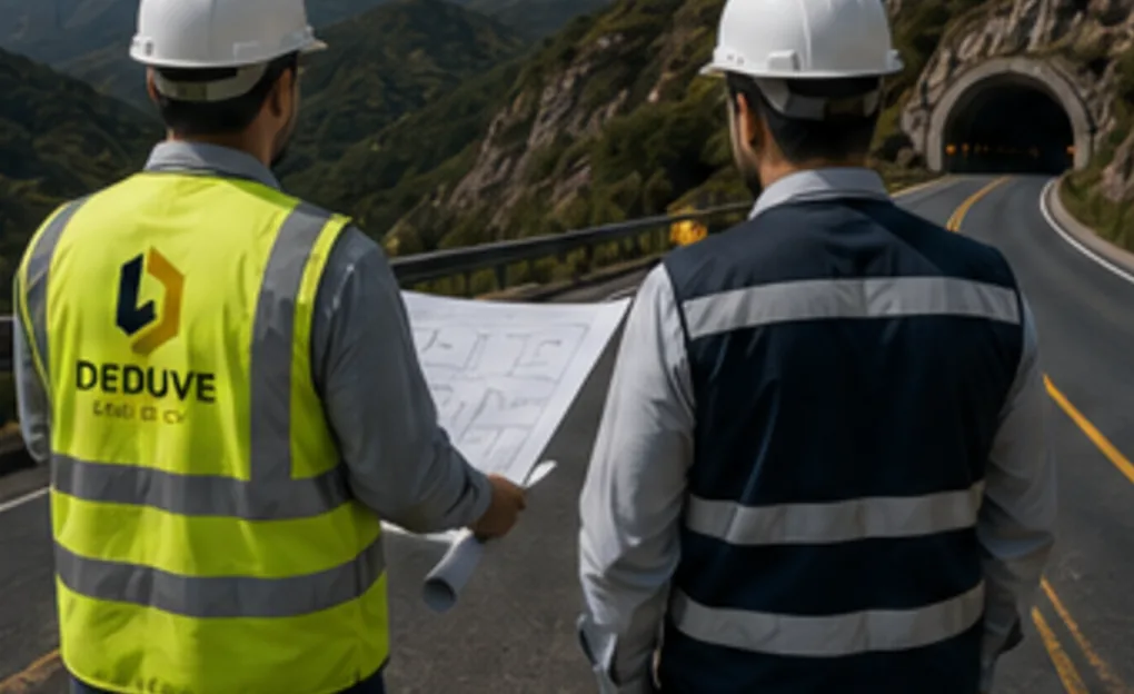 Dos especialistas con casco y chaleco revisan planos frente a una carretera con acceso a túnel